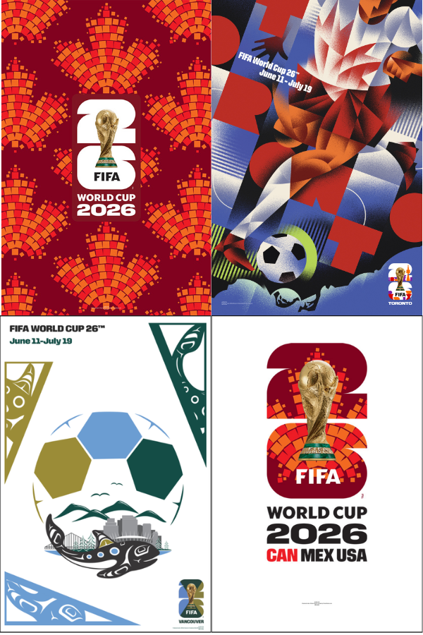 Promotional posters for the 2026 FIFA World Cup featuring different designs and colors.

